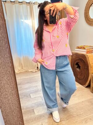 chemise rayé citrons rose et blanche grande taille femme curvy by romy