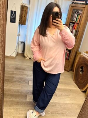 pull léger rose bi matière grande taille femme curvy by romy