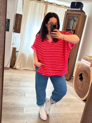 t shirt sweat rayures rouge et rose grande taille femme curvy by romy
