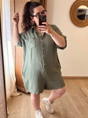 combi short en gaze de coton kaki grande taille femme curvy by romy